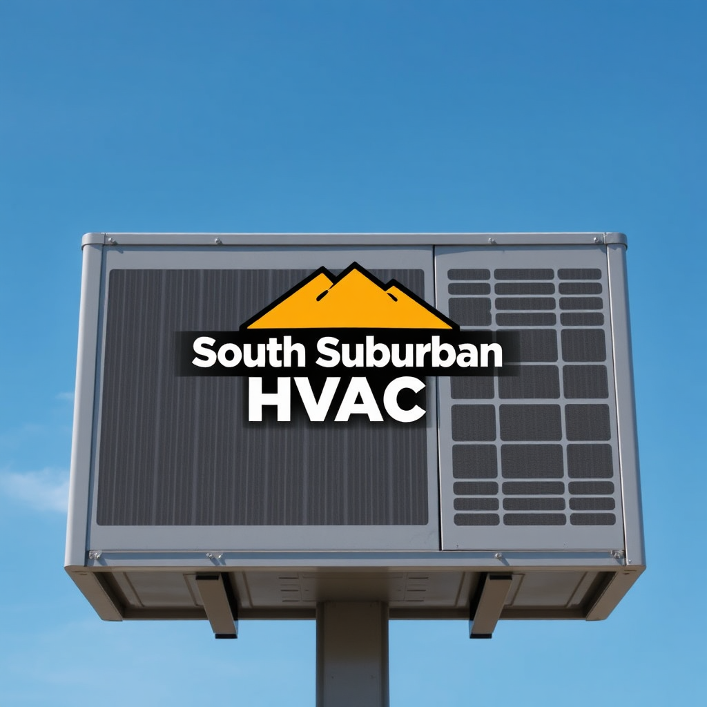 Create an image depicting a strong, sturdy HVAC unit with the South Suburban HVAC logo prominently displayed. The background should be a clear blue sky, symbolizing reliability and trust. The overall image should convey durability and trustworthiness. The lighting should be bright and even, emphasizing the strength of the unit. Style reference: a robust, dependable advertisement.