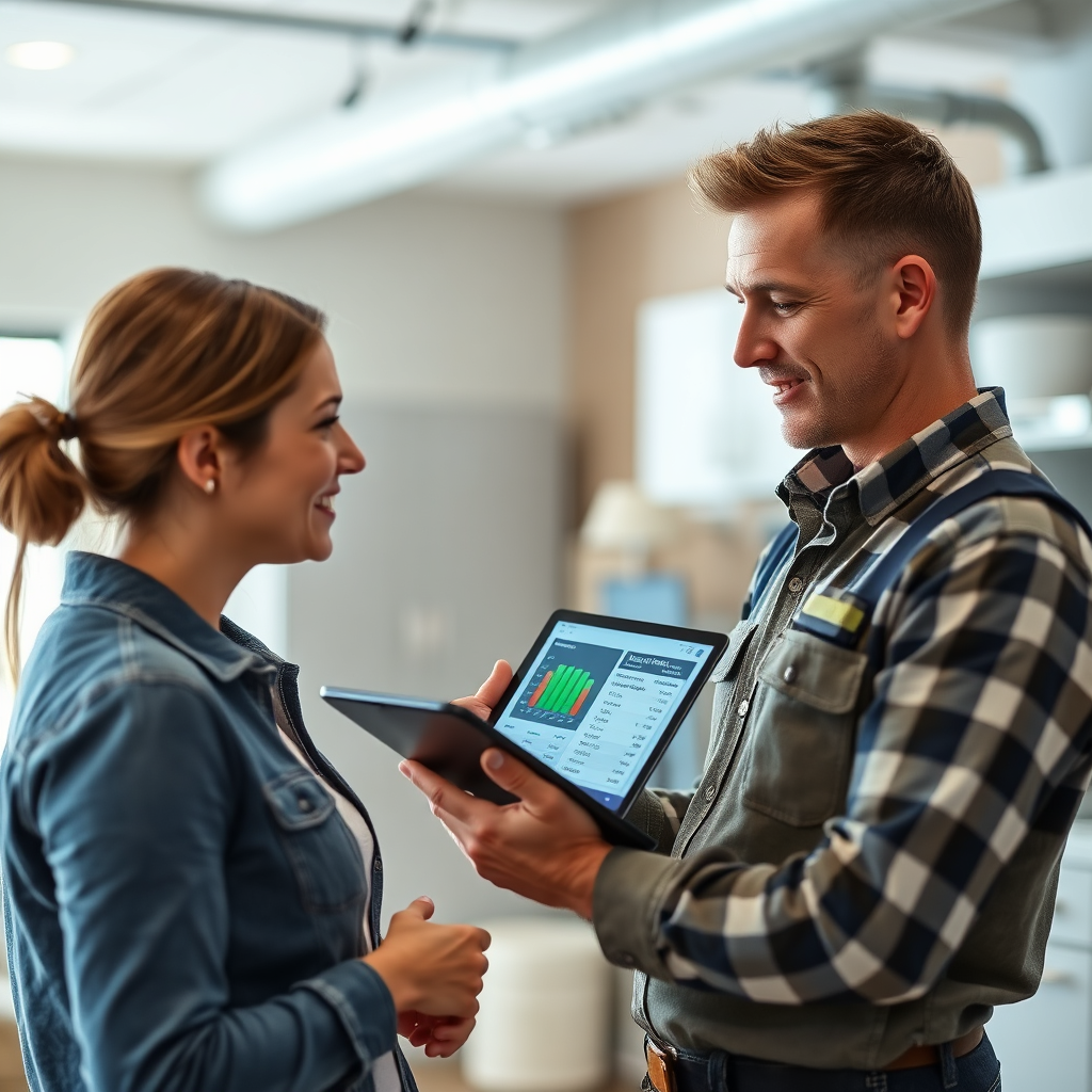 Create an image depicting an HVAC technician explaining the benefits of a new HVAC system to a homeowner. The technician should be using a tablet to display energy efficiency data. The background should be a modern showroom. The overall image should convey expertise and helpfulness. The lighting should be bright and inviting, emphasizing the value of expert advice. The focus is to illustrate customer service. Style reference: a helpful, informative advertisement.