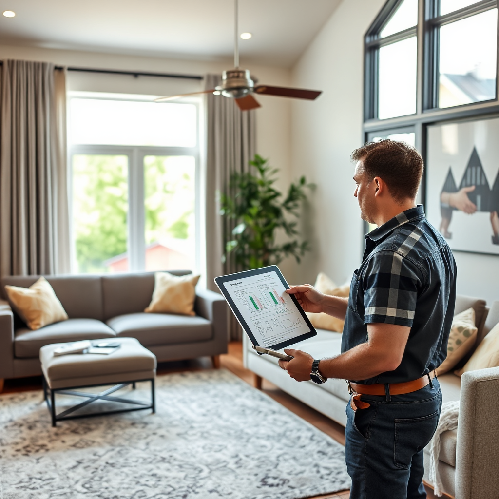 Create an image of a professional HVAC technician consulting with a homeowner in a modern living room. Blueprints or a tablet displaying energy efficiency data can be included. Style reference: Real estate advertisement, expert advice.