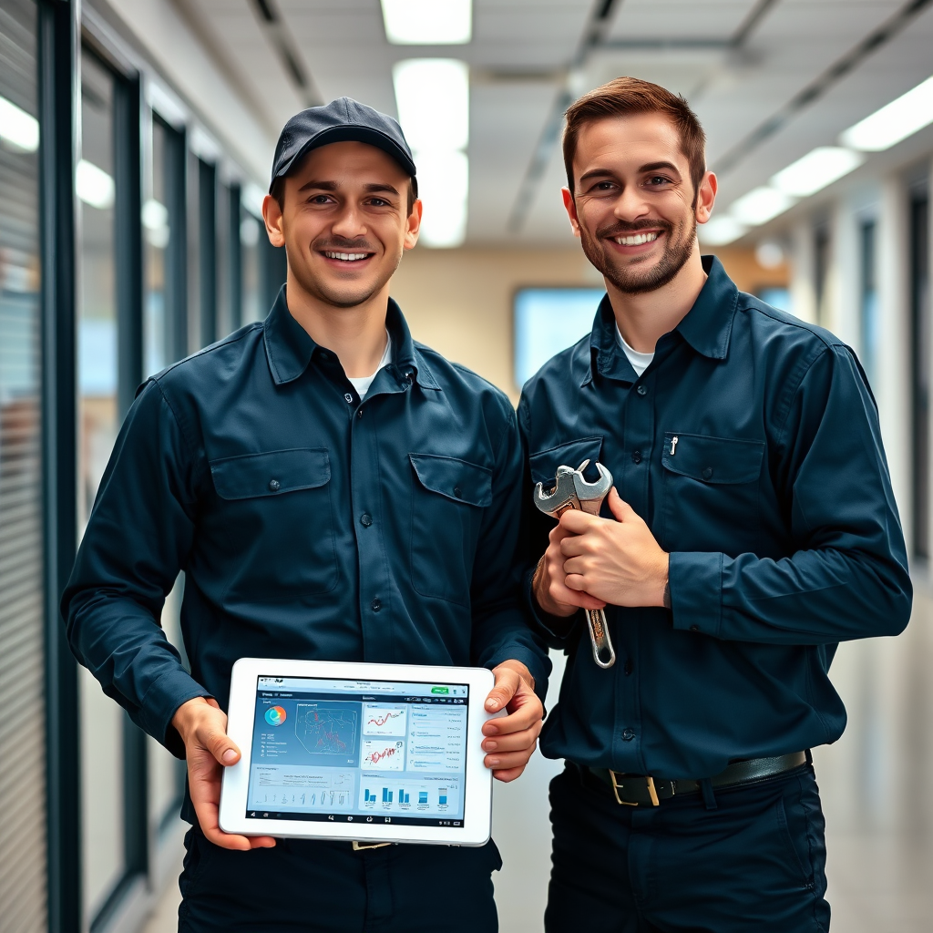 Create an image of two HVAC technicians in clean uniforms, standing side-by-side and smiling confidently. One technician should be holding a tablet displaying technical data, while the other is holding a wrench. The background should be a modern office space, clean and professional. The lighting should be bright and even, emphasizing their expertise and trustworthiness. The overall image should convey professionalism and competence. Style reference: a modern corporate headshot with a focus on technical skills.