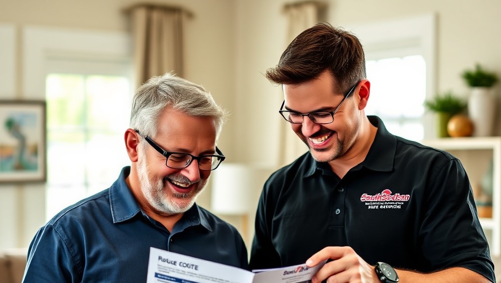 Create an image showcasing a homeowner reviewing a quote with a South Suburban HVAC representative. Both should be smiling and engaged in a friendly conversation. The background should be a comfortable living room. The quote should be clearly visible, highlighting the affordable pricing. The overall image should convey transparency and value. Style reference: a friendly, approachable marketing shot.