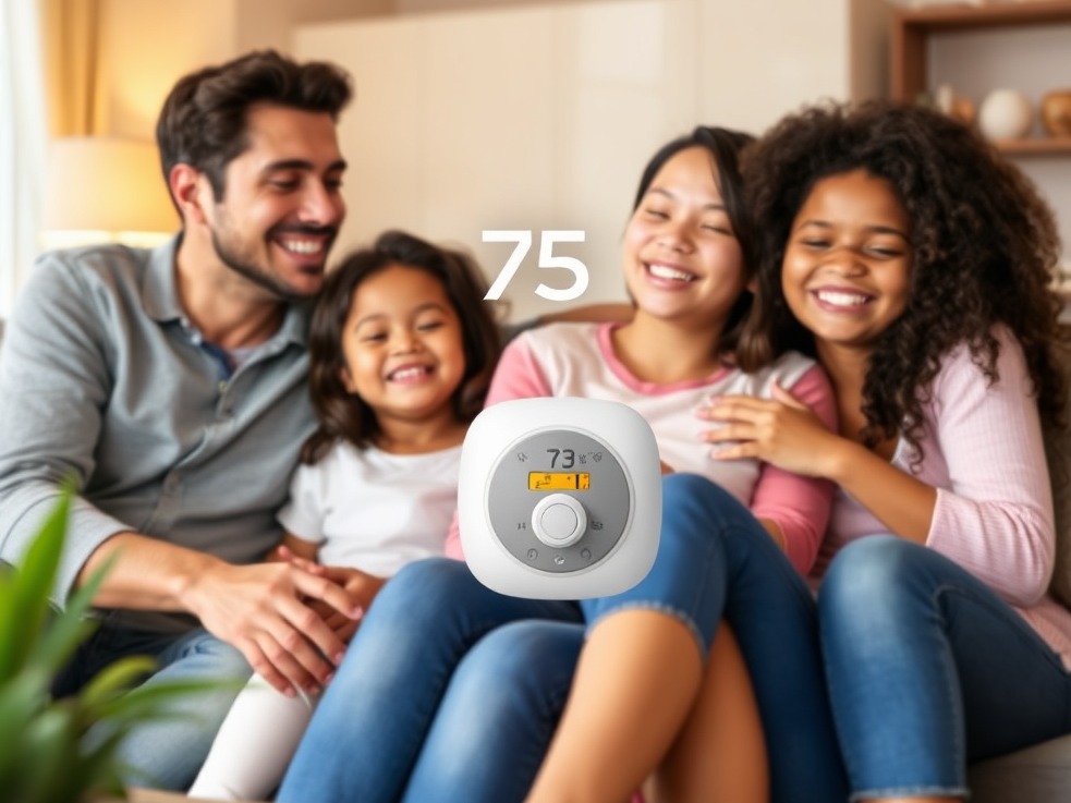 Create an image showcasing a happy family in a comfortable living room, with a thermostat set to a perfect temperature. The family should be smiling and relaxed. The background should be a clean and modern home. The overall image should convey customer satisfaction and comfort. The lighting should be warm and inviting, emphasizing the feeling of happiness. Style reference: a heartwarming, family-oriented photograph.