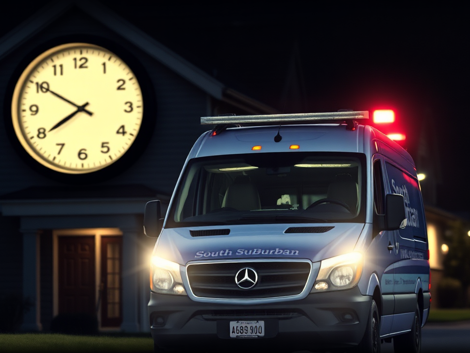 Generate an image depicting a clock showing 3:00 AM with a dimly lit house in the background. In the foreground, a South Suburban HVAC van arrives with its headlights on, signifying round-the-clock service. Style reference: Film-noir, emergency service advertisement.