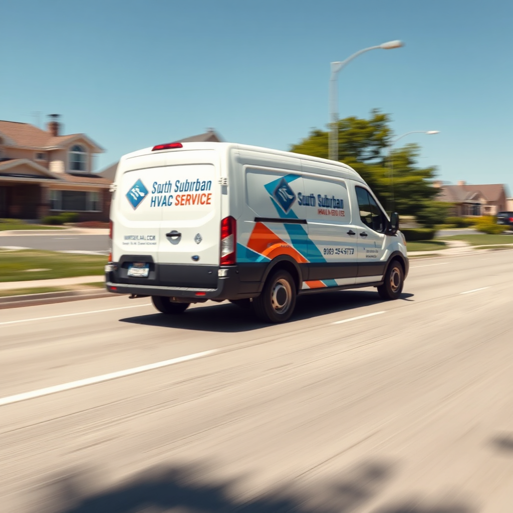Generate an image depicting a South Suburban HVAC service van speeding down a suburban street, with blurred motion suggesting rapid response. The van should be clean and well-branded. The background should be a typical residential neighborhood in the South Chicago suburbs. The overall image should convey speed and efficiency. The sky should be a bright, clear blue, suggesting a sense of optimism and quick resolution. Consider a slightly elevated camera angle to emphasize the van's movement. Style reference: a dynamic, action-oriented marketing shot.