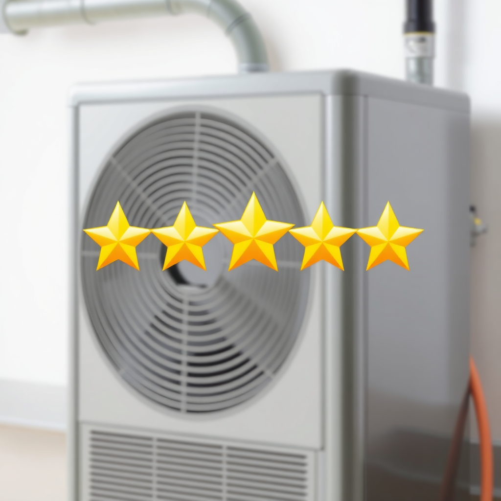 Generate an image depicting a five-star rating graphic superimposed over a photograph of a well-maintained HVAC unit. The overall image should convey quality and reliability. The lighting should be bright and even, emphasizing the high rating. The background should be clean and professional. Style reference: a testimonial-based advertisement.