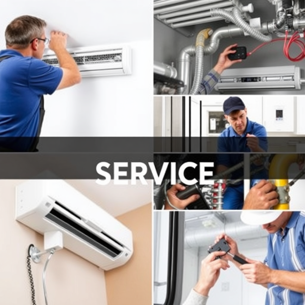 Generate an image showcasing a variety of HVAC services, including installation, maintenance, and repair. This could be achieved through a split composition, with each section representing a different service. The overall image should convey completeness and reliability. The lighting should be bright and even, emphasizing the variety of services offered. Include a call to action in the form of a subtle banner. Style reference: a clean, informative collage.