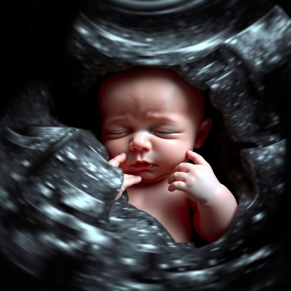 A 3D ultrasound image of a baby inside the womb. Soft lighting and realistic textures. Show the baby's face and hands.