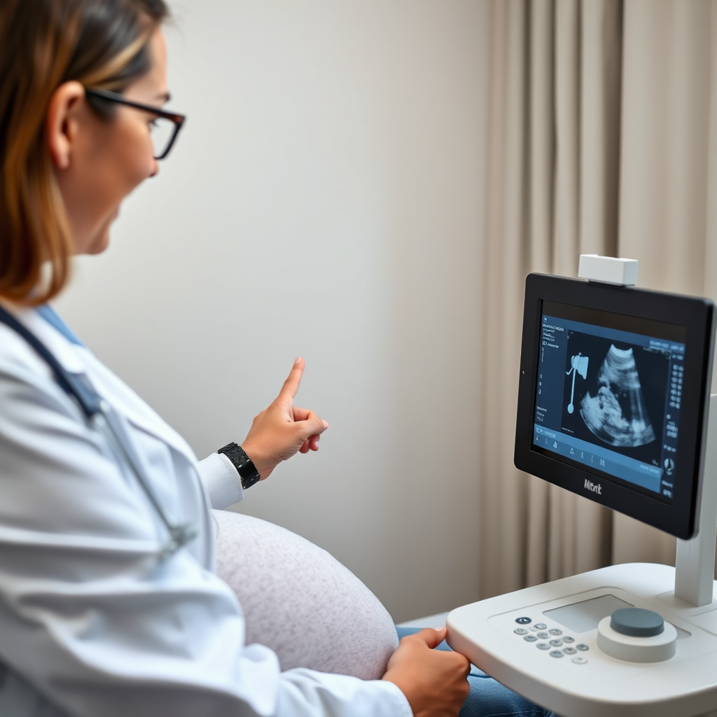 A photorealistic image of a pregnant woman receiving an ultrasound examination. The doctor is pointing at the screen explaining details. Soft lighting, focus on the mother's gentle smile.