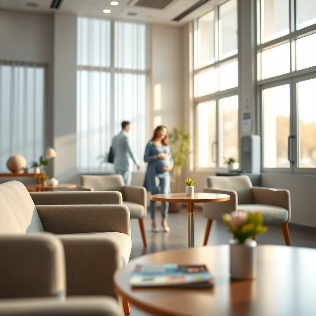 A photorealistic, ultra-high quality header image for "Phòng khám sản phụ khoa Bạc Liêu." The scene should depict a warm and inviting waiting area of a modern medical clinic specializing in obstetrics and gynecology. Soft, natural light streams through large windows, illuminating comfortable seating and tasteful decorations, maybe a few plants. In the background, a blurred glimpse of a doctor interacting kindly with a pregnant woman. The color palette is calming and reassuring, with soft blues, greens, and neutral tones. The camera angle is slightly low, giving a sense of spaciousness. Texture details should include the soft fabric of the chairs, the smooth surfaces of the tables, and the gentle glow of the lighting. Props could include magazines about pregnancy and childcare, a small water dispenser, and subtle branding elements. Style reference: modern Scandinavian design. Technical specs: 8K resolution, hyperrealistic, focus on conveying trust and care.