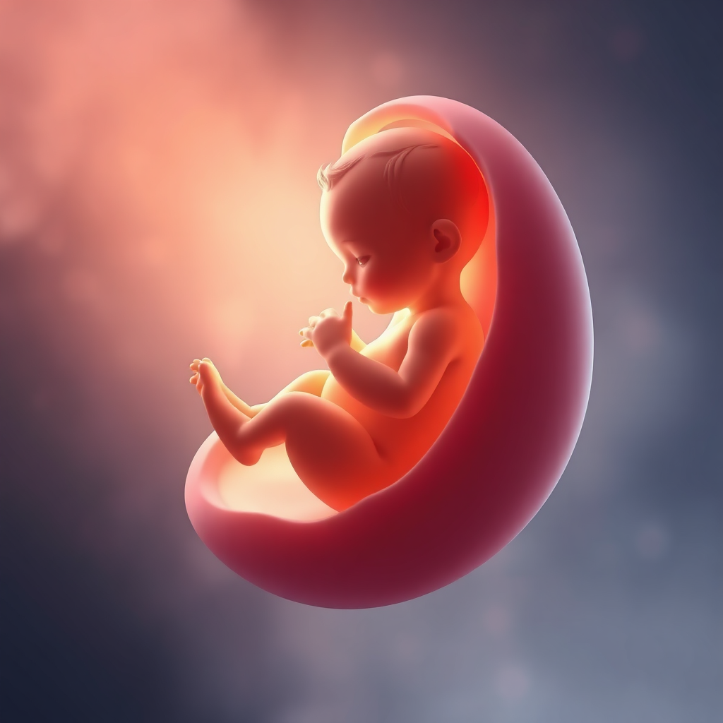 A stylized 3D rendering of a fetus inside the womb, surrounded by a soft, glowing light. The background is abstract and ethereal, conveying a sense of wonder and life.