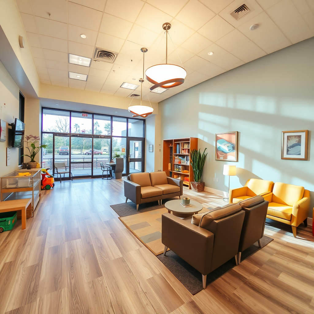 A wide-angle shot of a brightly lit and welcoming waiting area with comfortable seating and a play area for children. The atmosphere is relaxed and friendly.