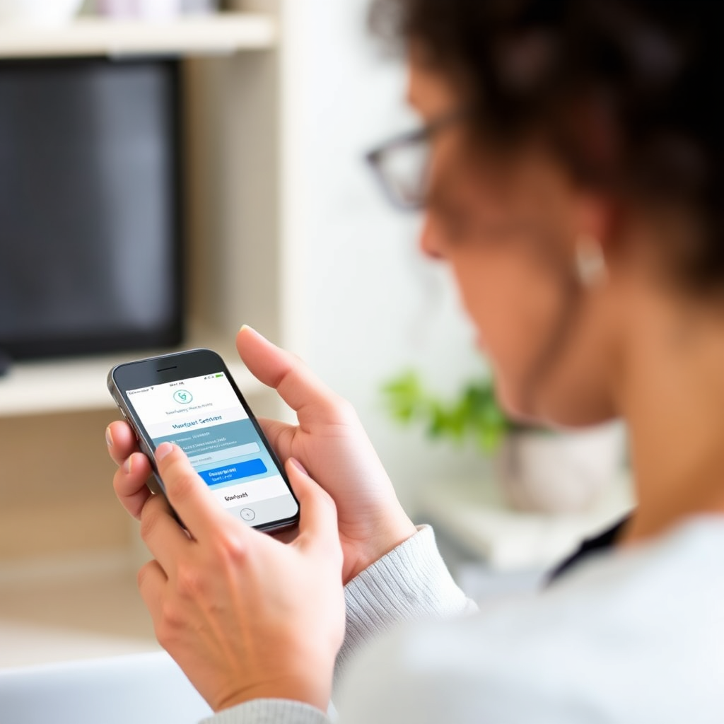 A woman using a smartphone to book an appointment online. The clinic's website or app is displayed on the screen. The image emphasizes convenience and accessibility.