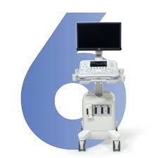 A close-up shot of a state-of-the-art ultrasound machine. The screen displays a clear image of a fetus. The lighting is soft and diffused, highlighting the machine's advanced technology.