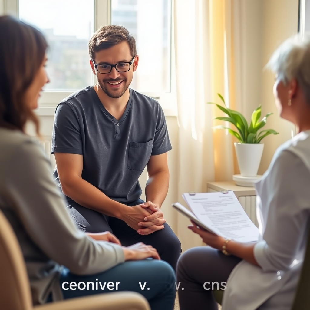 A reassuring image of a follow-up consultation where a patient discusses their recovery journey with a practitioner, set in a sunny, well-lit office. Highlight supportive interactions and documentation, creating a feeling of care and continuity.
