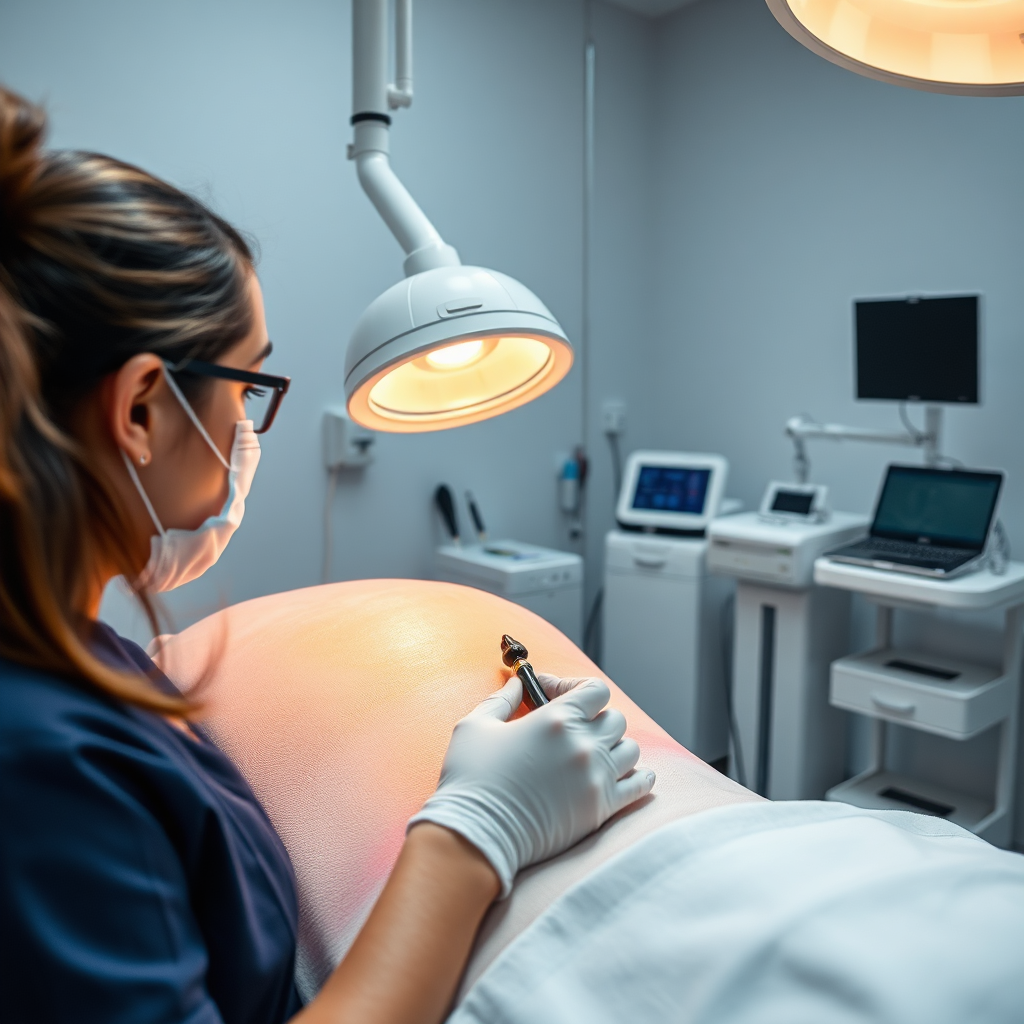 A visual representation of a prolotherapy treatment session in a clinical setting. Show a close-up of the treatment area and the practitioner at work. The atmosphere is calm with soothing colors and modern medical tools in use, high quality.
