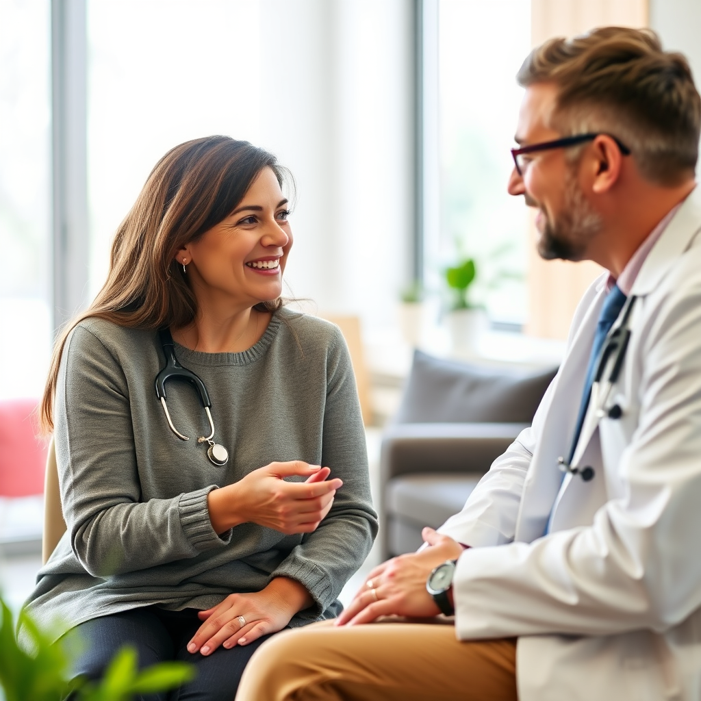 An inviting image showing a doctor engaging in a consultation with a patient. The environment is warm and welcoming, with natural lighting. Focus on facial expressions of understanding and care, establishing a patient-centered approach.