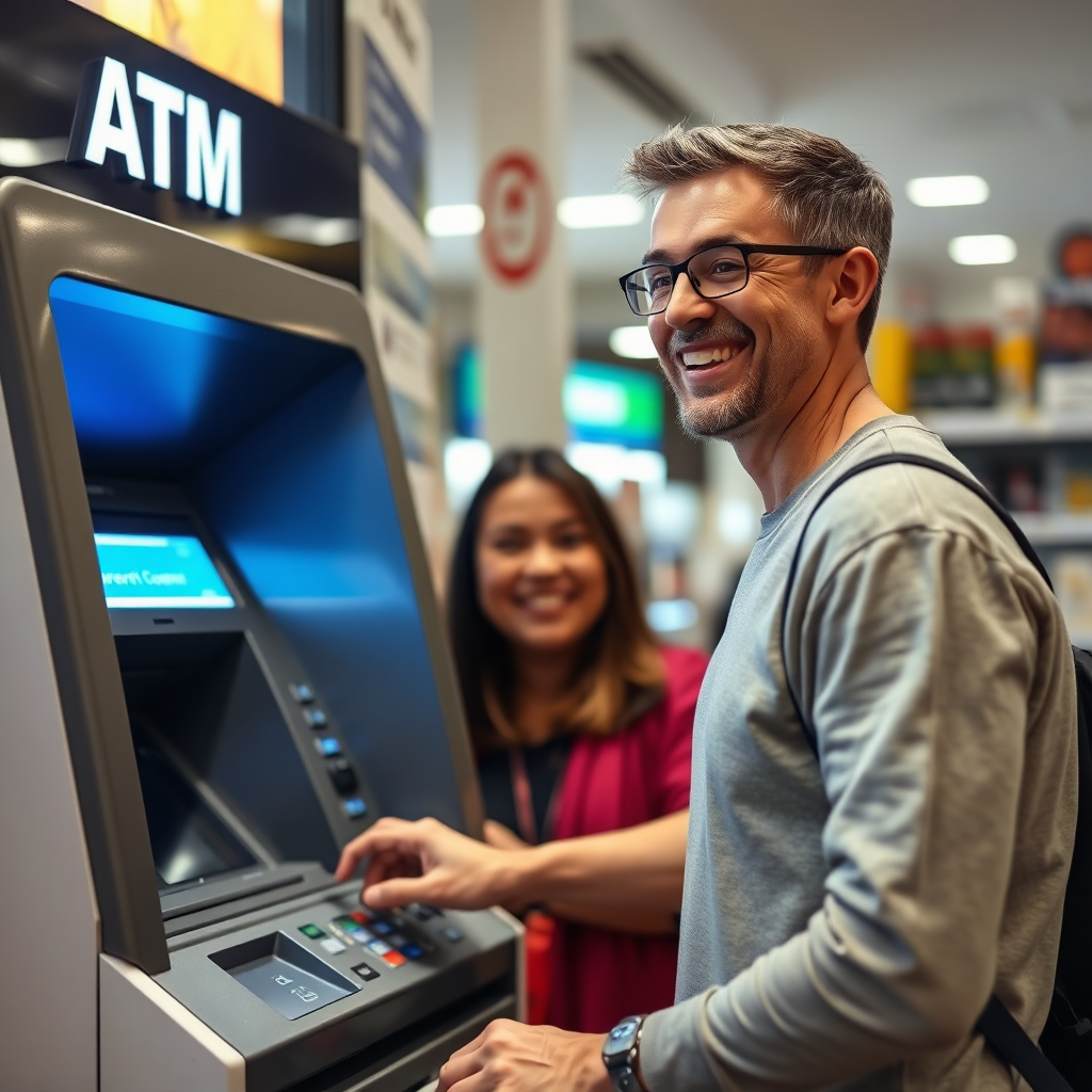 A photorealistic image of a customer smiling while using an ATM at a store, indicating a positive and convenient experience. Soft lighting, friendly atmosphere.