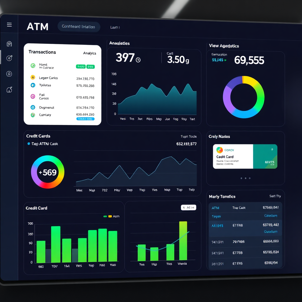 A photorealistic image of a modern business dashboard with clear analytics on ATM and credit card transactions. Clean interface, professional design.