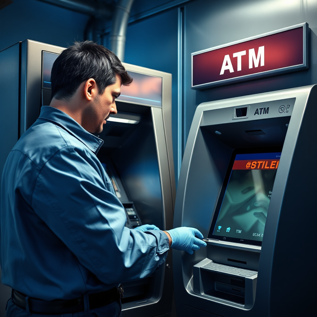 A photorealistic image of a technician servicing an ATM machine, ensuring its optimal performance. Focused individual, technical environment.
