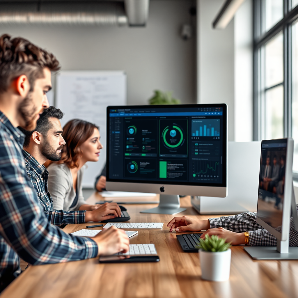 A photorealistic image of a team customizing a software interface for a client, demonstrating tailored solutions. Collaborative atmosphere, focused individuals.