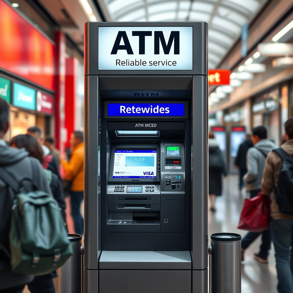 A photorealistic image of an ATM machine in a busy commercial area, with a clear indication of reliable service. Bright lighting, modern design.