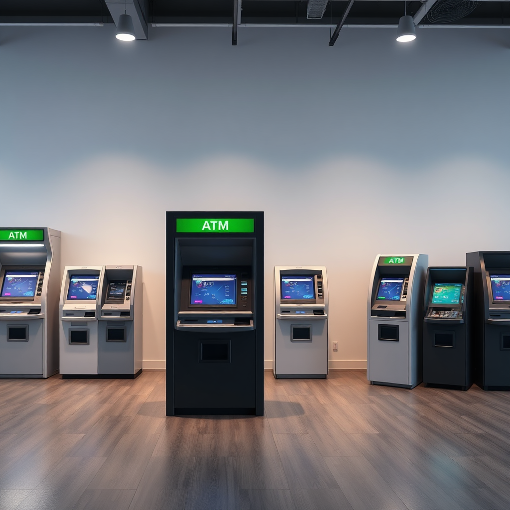 A photorealistic image showcasing a variety of modern ATM models in a showroom setting. Clean lighting, professional presentation.