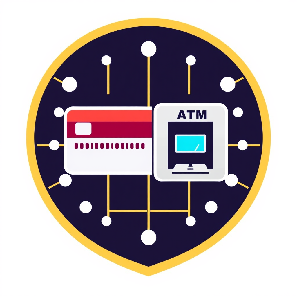 A stylized image of a digital shield with credit card and ATM icons, symbolizing secure transactions. Strong lines, protective colors.