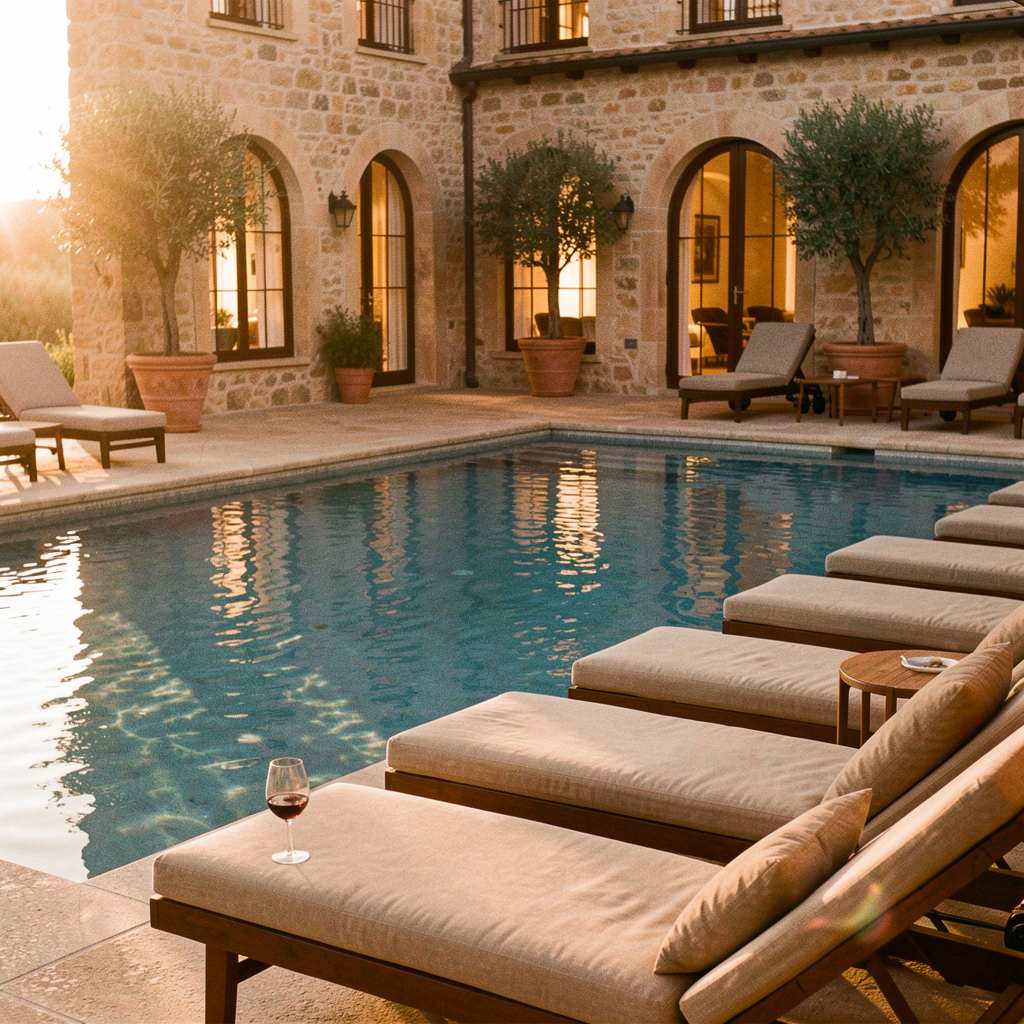 Quiet hotel pool at golden hour
