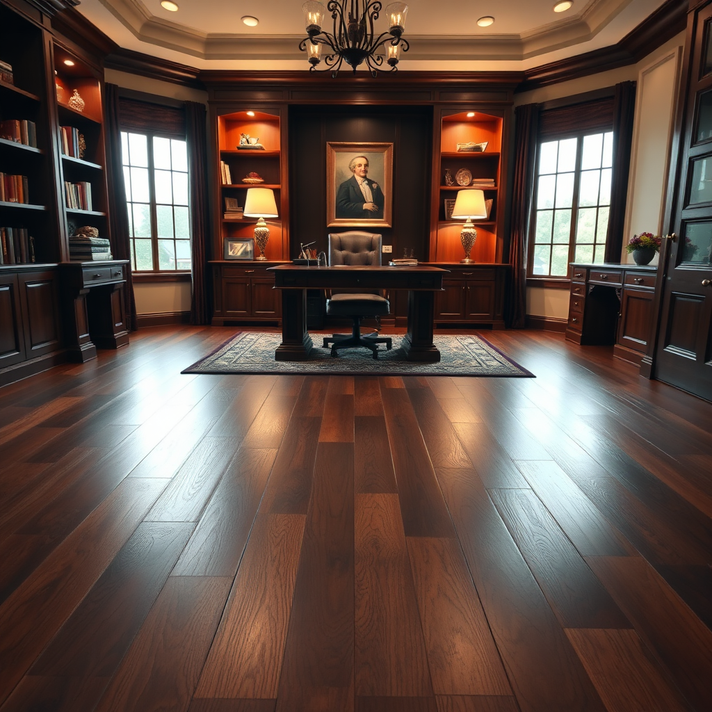 Dark walnut hardwood in professional home office