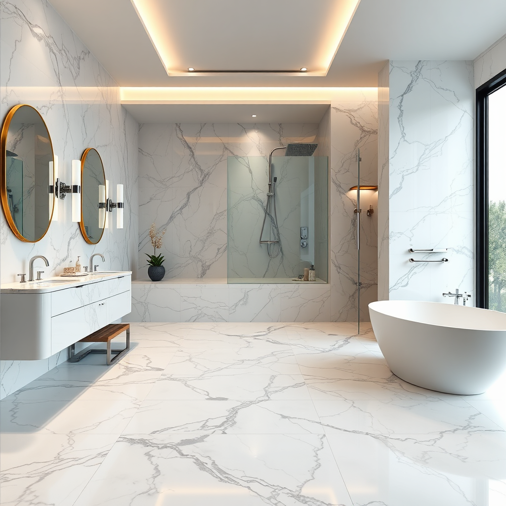 Professional marble tile installation in luxury bathroom