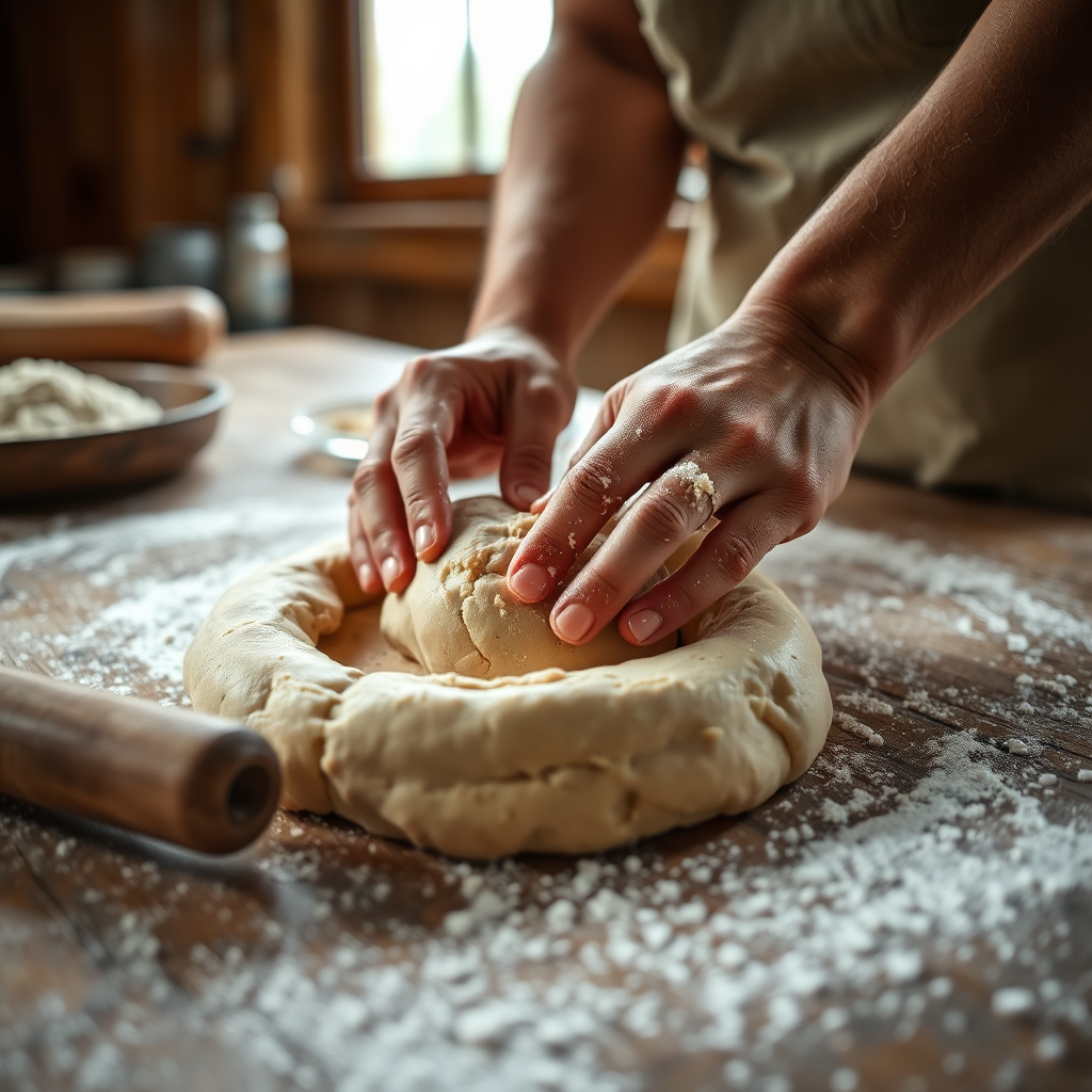 Baker kneading dough on a wooden table