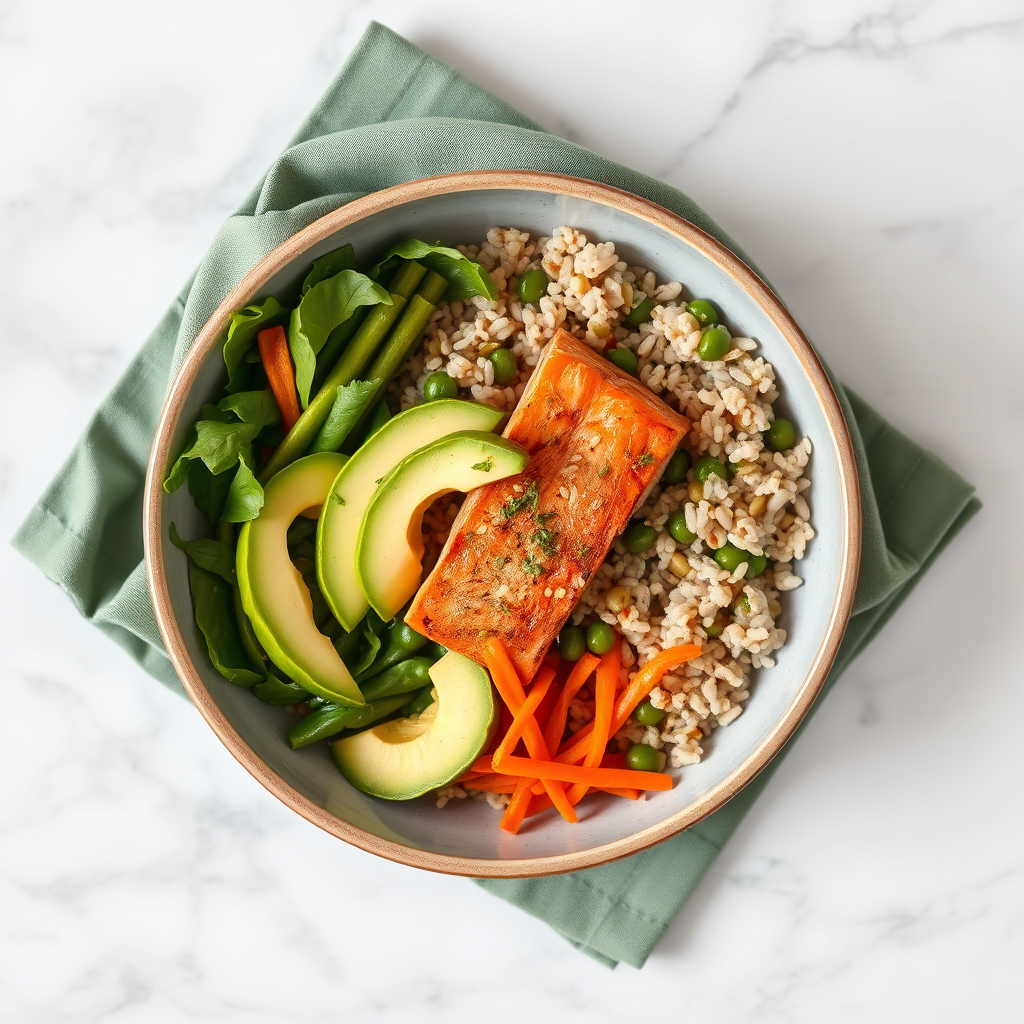 Delicious healthy meal bowl with salmon and greens