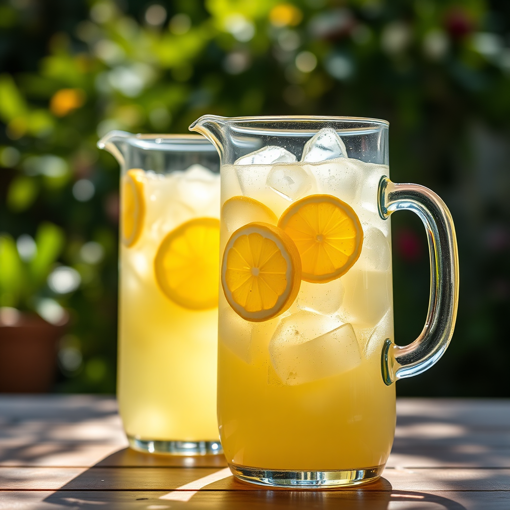 Refreshing pitchers of ice cold lemonade with lemon slices