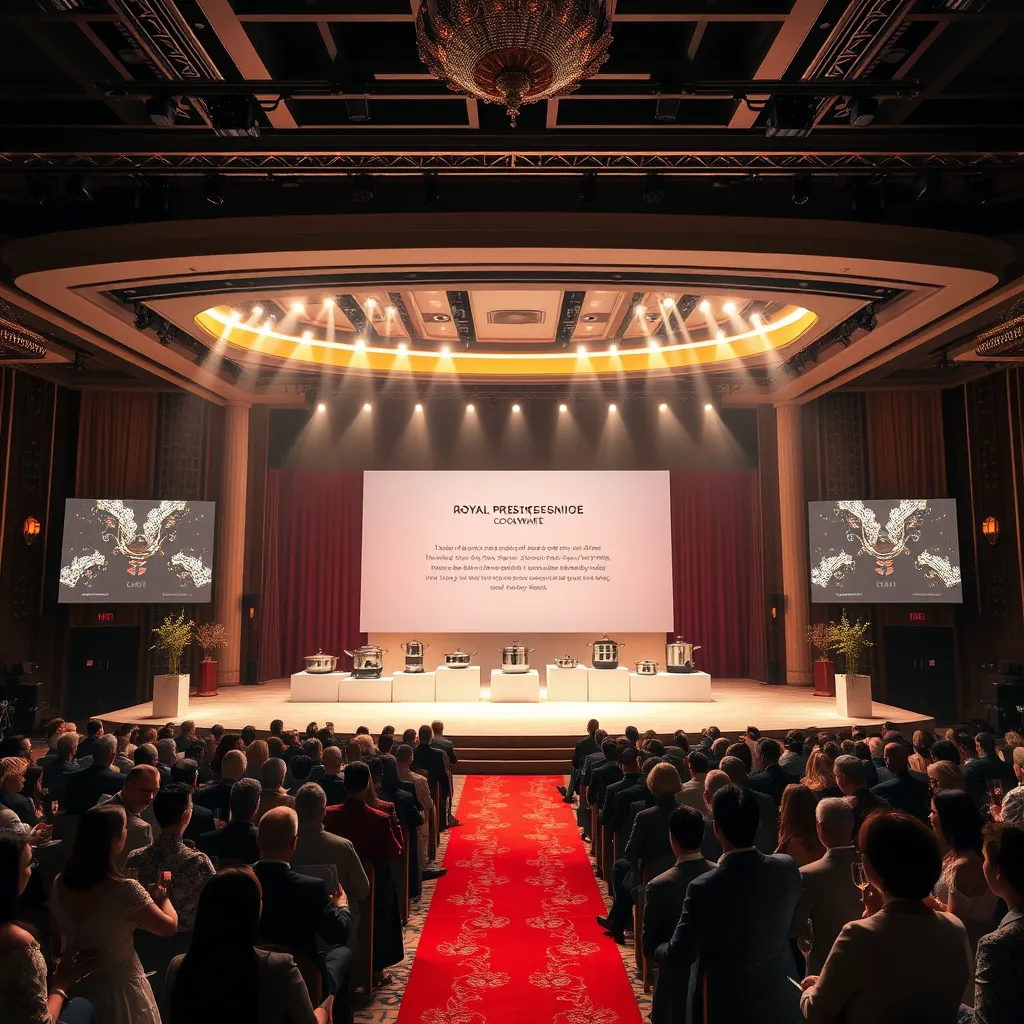 A grand ballroom setting with a stage bathed in dramatic spotlights. The stage features a sleek, minimalist presentation of the latest Royal Prestige cookware, including their innovative features and benefits. The audience is captivated, with a sense of anticipation and excitement. The scene is filled with a luxurious ambiance, with elegant decorations and a sophisticated atmosphere. Capture the event with a wide-angle perspective, showcasing the entire stage and audience. Use a balanced lighting scheme to create a sense of grandeur and prestige.  Highlight the sleek design of the cookware, the vibrant colors of the displays, and the elegant attire of the guests. Aim for a photorealistic style, with sharp details and a high level of realism. Render the image in 8K resolution, capturing every detail with exceptional clarity.  Capture the energy and excitement of the product launch, with a sense of anticipation and anticipation.  The background should include elements of luxury, such as a red carpet, champagne flutes, and elegant lighting fixtures. 