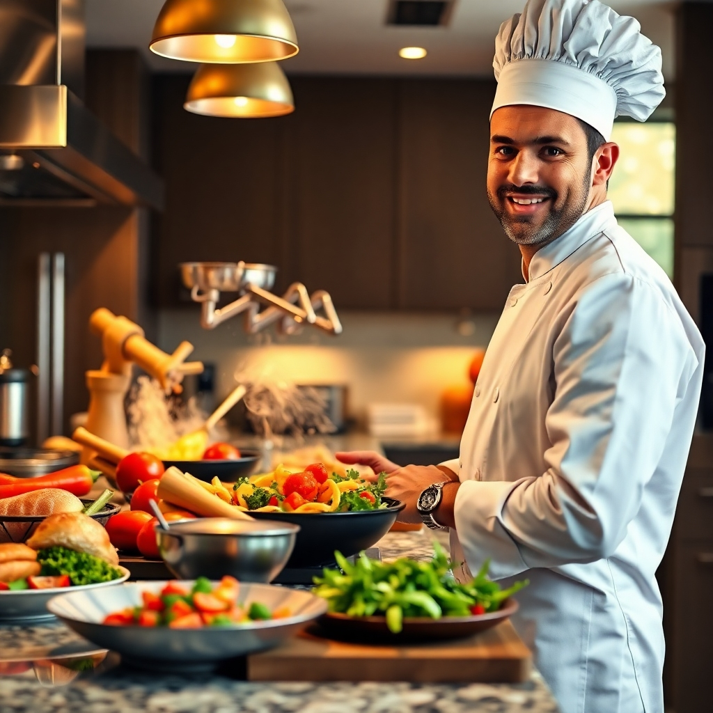 A vibrant and inviting kitchen setting with warm, natural lighting. A chef, dressed professionally, is demonstrating a recipe using Royal Prestige cookware. Nice food  is prominently displayed, showcasing versatility of the cookware in cooking nice recipes. The scene is filled with the aroma of freshly cooked food and the sounds of sizzling ingredients. The image should be captured from a slightly elevated angle, focusing on the chef and the food. Emphasize the textures of the food, the vibrant colors of the food, and the warmth of the kitchen environment. Aim for a photorealistic style, with sharp details and a high level of realism. Render the image in 8K resolution, capturing every detail with exceptional clarity.  Capture the energy and excitement of a live cooking demonstration, with a sense of movement and interaction.  The background should be a modern and stylish kitchen with stainless steel appliances and granite countertops. 