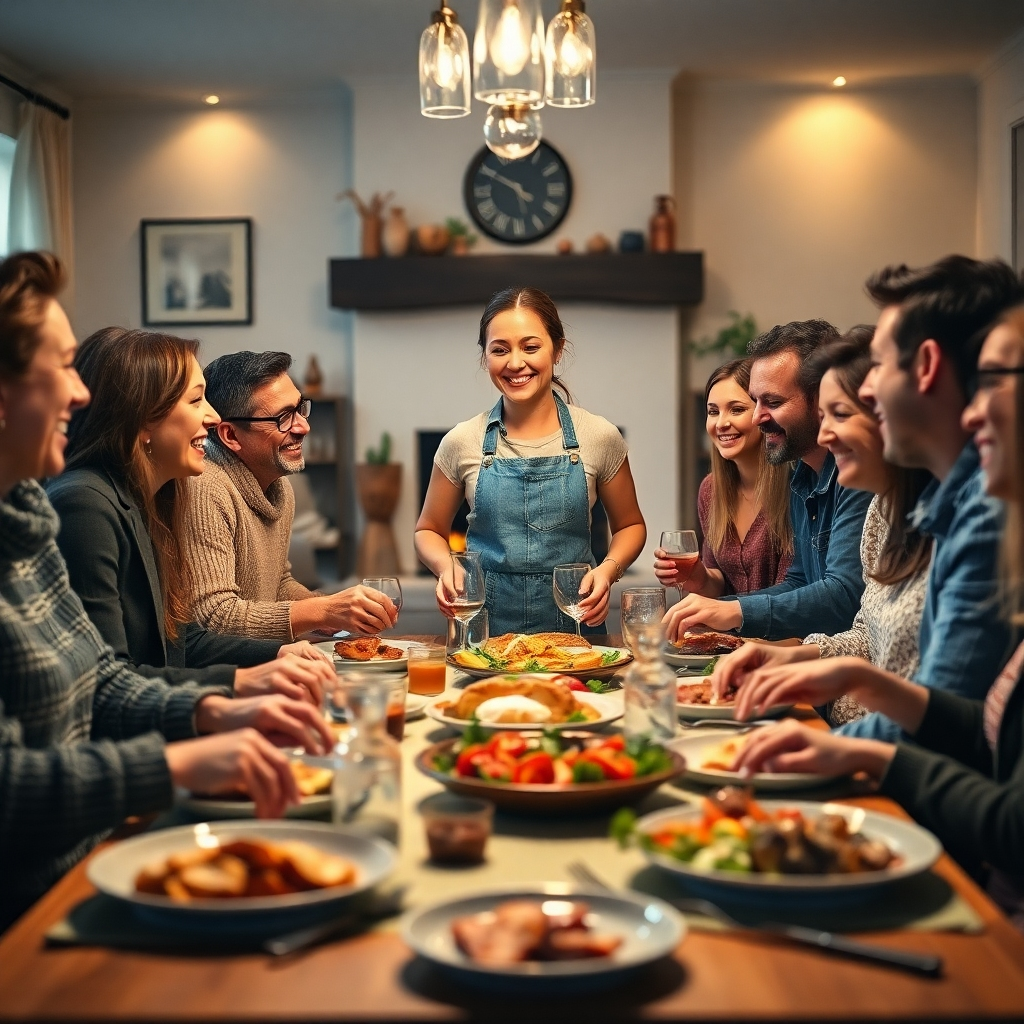 A warm and inviting living room setting with soft, diffused lighting. A group of friends and family is gathered around a table, engaged in a lively discussion about Royal Prestig. The table is set with food,. The scene is filled with laughter, warmth, and a sense of community. Capture the scene from a low angle, creating a sense of intimacy and connection between the group. Use soft lighting to create a warm and inviting atmosphere.  Highlight the vibrant colors of the cookware, the textures of the table setting, and the smiles on the faces of the guests. Aim for a photorealistic style, with sharp details and a high level of realism. Render the image in 8K resolution, capturing every detail with exceptional clarity.  Capture the energy and excitement of a home party, with a sense of joy and connection.  The background should include elements of a cozy living room, such as a fireplace, comfortable furniture, and personal touches.