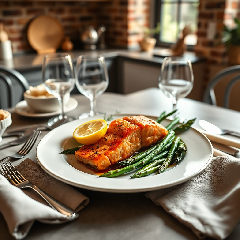 Create a photorealistic, ultra-high-quality 8K resolution header image for Cook in Style Limited. The image should feature a meticulously arranged table setting with a gourmet dish as the centerpiece.  The dish should be a vibrant pan-seared salmon with roasted asparagus and lemon, showcasing rich textures and colors.  The table setting should be elegant, with fine china, polished silverware, and linen napkins in muted earth tones (cream, beige, soft grey). Soft, natural light should illuminate the scene from a high angle, casting subtle shadows that enhance the three-dimensionality of the food and tableware. The overall mood should be sophisticated, warm, and inviting. The camera angle should be a slightly elevated, high-angle shot, focusing on the dish and showcasing its details.  Textures should be highly realistic; the salmon skin should appear glistening, the asparagus spears crisp, and the linen napkins subtly wrinkled.  The background should be subtly blurred, featuring a rustic yet elegant kitchen with exposed brick and wooden elements. Include a few sprigs of fresh herbs (rosemary, thyme) artfully placed near the dish.  The style should evoke a sense of refined home cooking, reminiscent of high-end food photography in magazines like Bon Appetit or Food & Wine.  The image must be hyperrealistic, with an emphasis on intricate details and a focus on creating a visually appetizing and aspirational aesthetic.  The color palette should be warm and inviting, with pops of green from the asparagus and yellow from the lemon, contrasting beautifully with the rich orange of the salmon and the neutral tones of the table setting., ultra high resolution, photorealistic, 8K, hyperdetailed, cinematic lighting