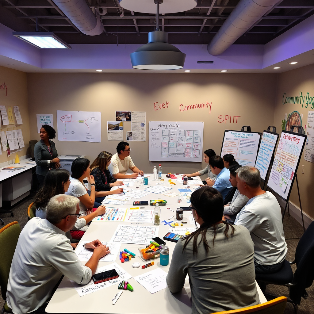 A collaborative workshop with participants discussing community engagement strategies around a large table, showcasing brainstorming on posters and whiteboards. The atmosphere is friendly and inclusive, supported by colorful decorations that emphasize community spirit. Soft lighting enhances the inviting nature of the session, while visuals add creativity.