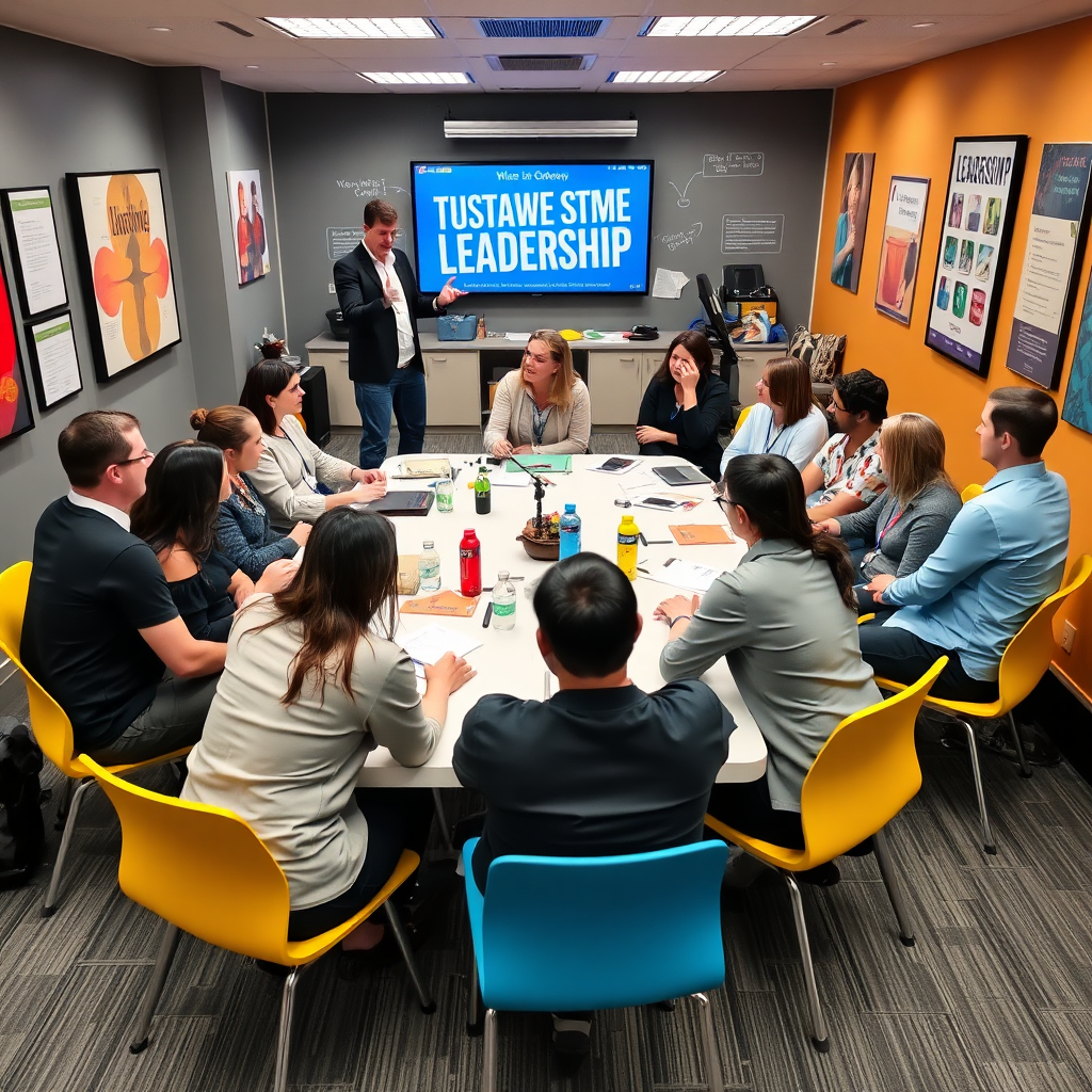 A dynamic scene of a leadership workshop showcasing trainers engaging with participants through interactive discussions and activities. The setting includes breakout spaces that facilitate collaboration, decorated with inspiring visuals that underscore leadership values. The colors are energetic and motivating, used strategically throughout the environment to enhance the vibe of growth and development.