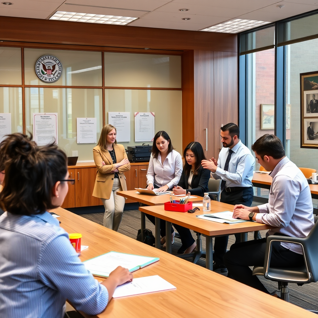 A practical training session held in a public office setting, where employees are engaged in hands-on activities. The space reflects a formal yet modern design, with training tools that blend governmental and educational elements. The color scheme incorporates earth tones that foster inspiration, combined with bright accents to support engagement.