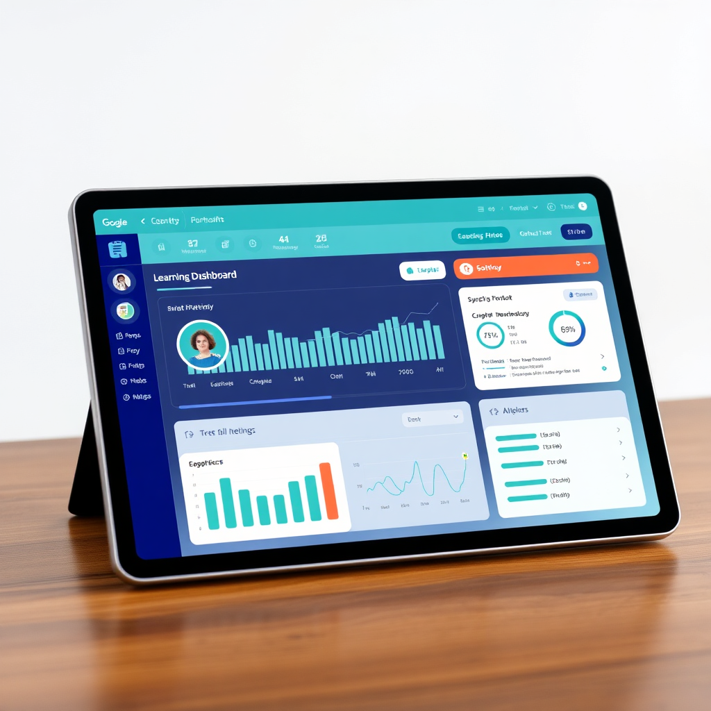 A user-friendly interface shown on a digital device that displays a learning dashboard filled with interactive elements. The design resonates with simplicity and organization, filled with engaging metrics, progress bars, and alerts. The color scheme is sleek and modern, using a fresh palette of blues and greens that promotes trust and clarity.