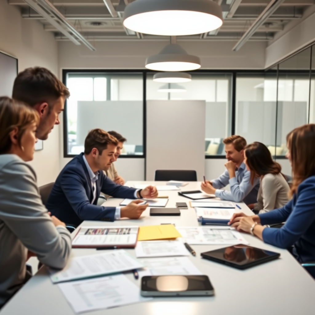 A visual of a detailed planning session in a professional office with stakeholders discussing training needs while reviewing strategic documents. The atmosphere is energetic, featuring a well-organized table filled with materials and digital devices for brainstorming. The lighting is bright and conducive, emphasizing clarity and focus, while the color scheme balances professionalism with approachability.
