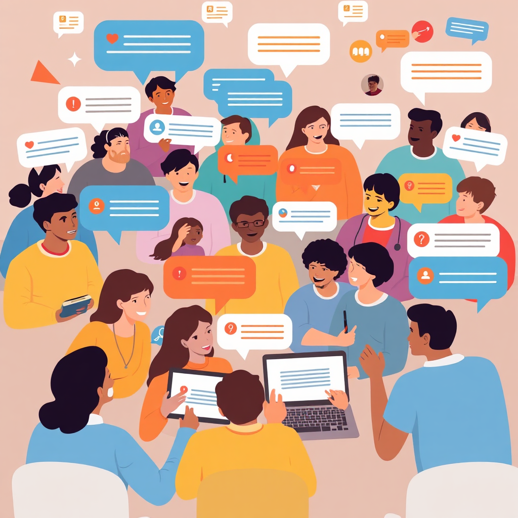 A vivid representation of a community forum where online discussions are taking place, depicting a supportive network of learners sharing insights and experiences. The scene captures interaction across various devices, filled with visual elements like chat bubbles and enthusiastic contributions. The bright colors convey enthusiasm and collaboration, creating an engaging online environment.