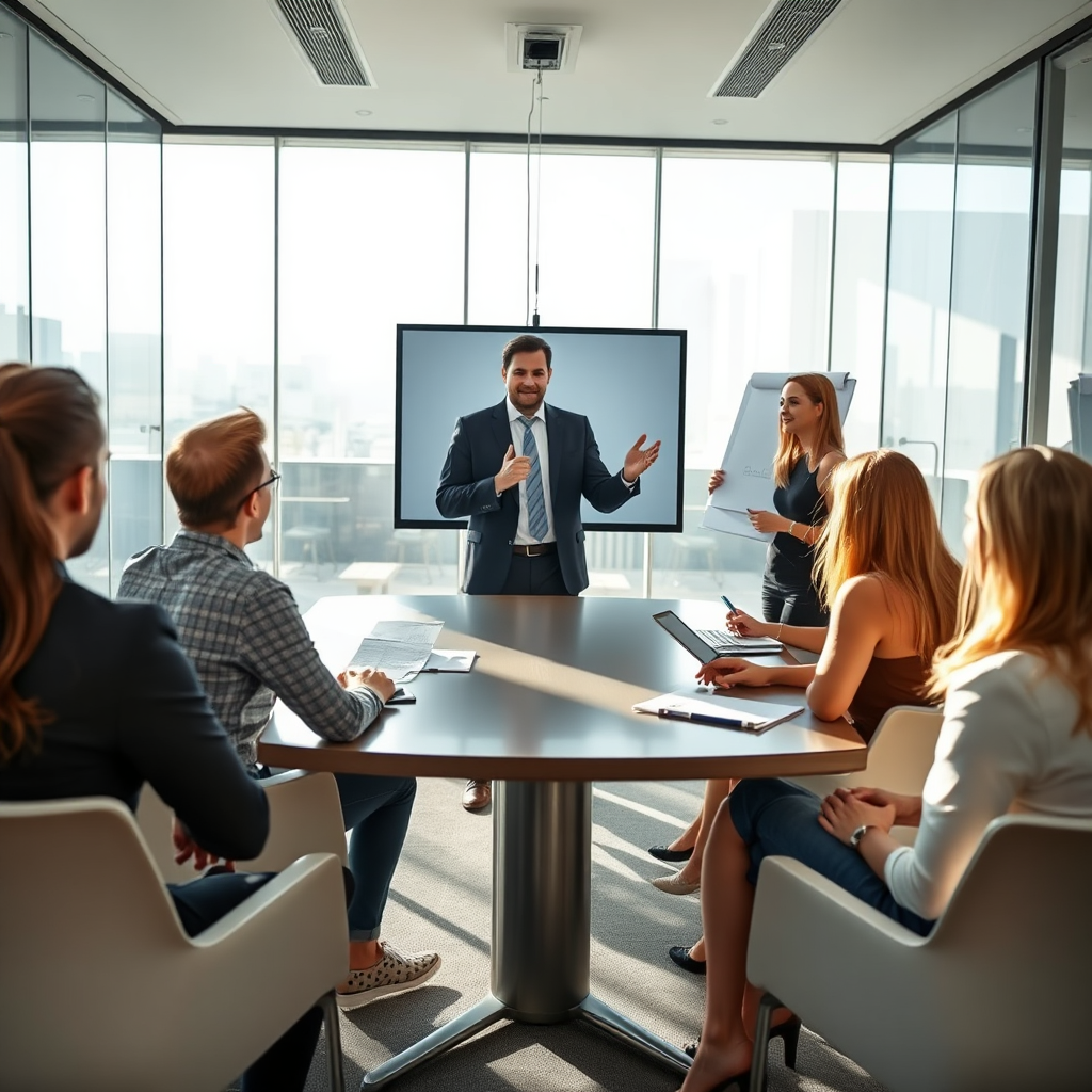 An engaging visual depicting a corporate training session, where a facilitator presents to a group of employees in a chic conference room. The modern design features glass walls and high-tech displays with professional materials. Light streams in to create a motivating environment, complemented by a neutral color palette with highlights of enthusiasm. Participants' expressions reflect engagement and interaction.