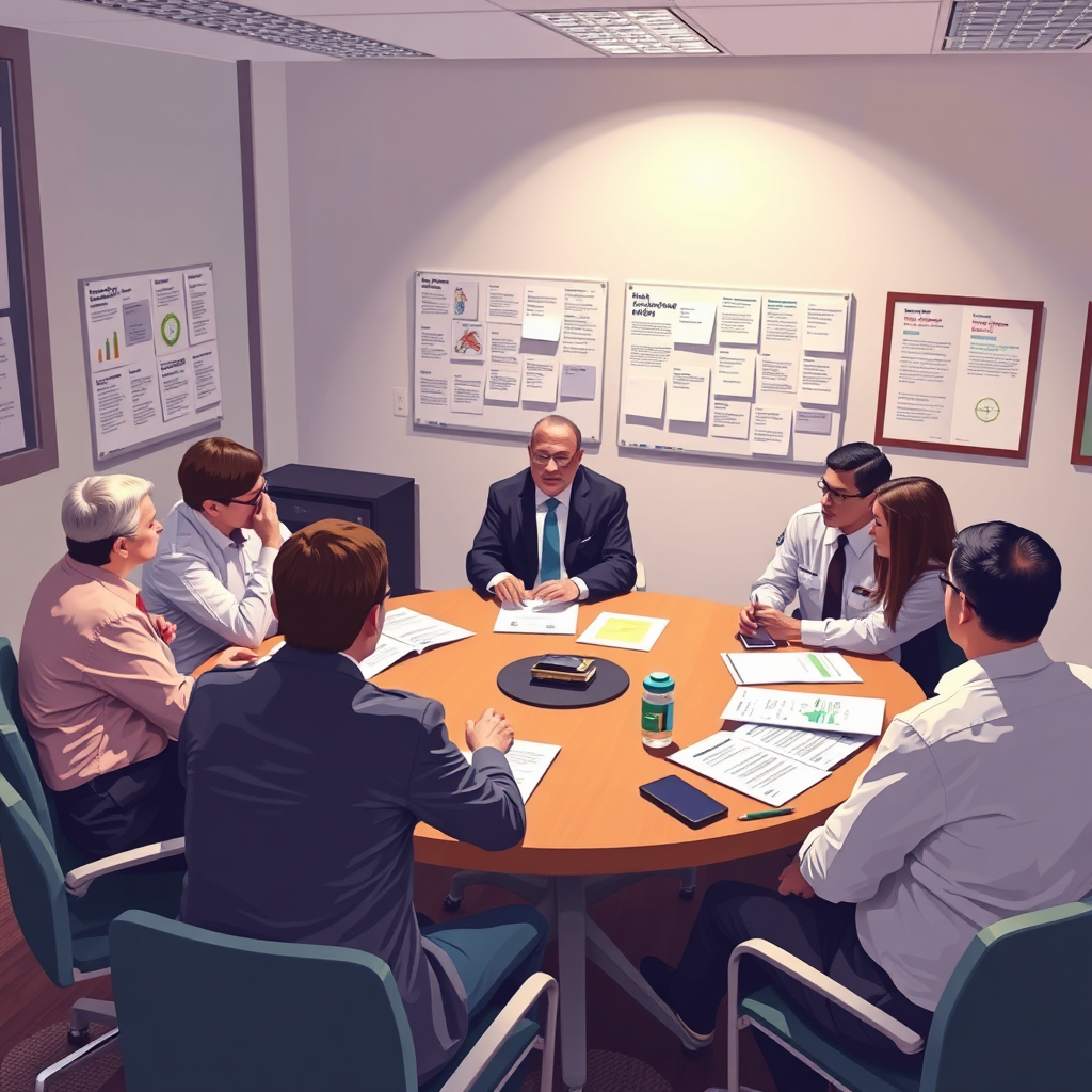 An ethical training environment depicted through a round-table discussion among public servants exploring ethical dilemmas. The scene includes educational materials, case studies, and visual displays that enhance understanding. The lighting is soft yet clear, and the color palette is balanced, inviting productive discussions and decision-making.