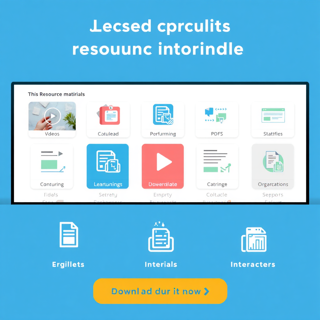 An organized virtual space showcasing various resource materials available for download on a client portal. The environment highlights a clean layout with visual icons representing different learning materials, including videos, PDFs, and interactive content. The color scheme consists of soft tones balanced by vibrant accents, ensuring a refreshing and engaging viewing experience.