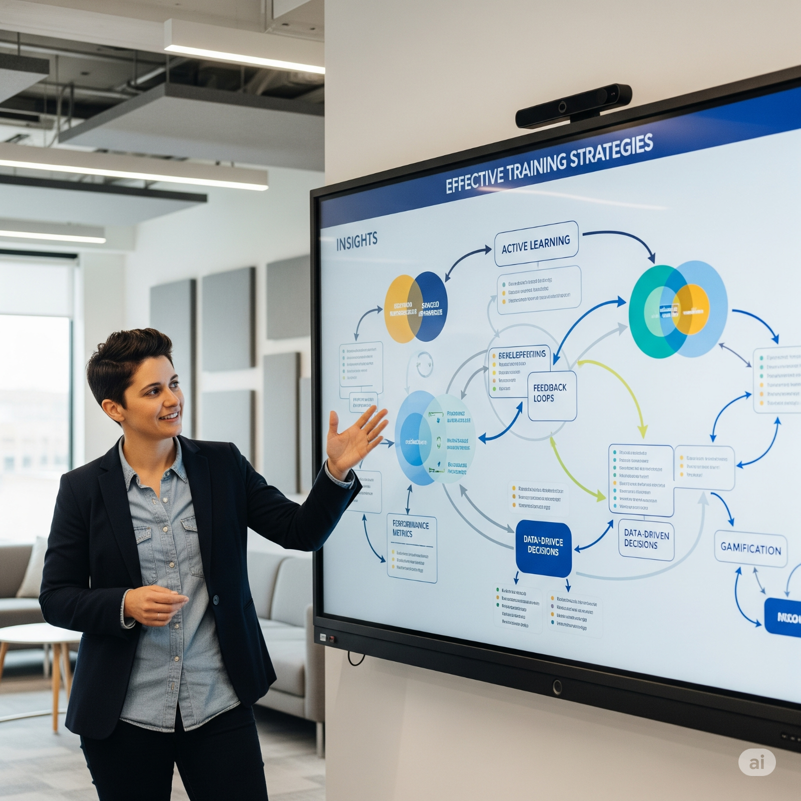 An engaging visual analyzing trends through a digital report being presented in a modern office setting. Various graphs, charts, and articles are showcased, highlighting relevant data. The design employs dynamic colors that draw attention and incorporate technology as visually appealing backdrops, emphasizing the forward-thinking aspect.