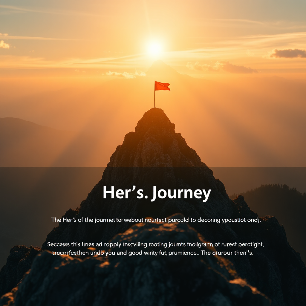 A photorealistic image capturing the essence of a hero's journey on a website. The hero section shows a mountain peak with a flag planted on top, symbolizing achievement. The scene is bathed in golden light, conveying success. Camera angle: Low-angle shot. Style: Inspirational photography. Resolution: 4K.