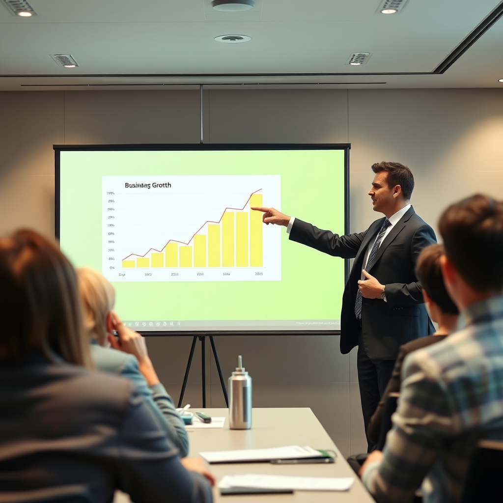 A photorealistic image featuring a successful business presentation. The presenter is pointing at a graph showing significant growth. The audience is engaged and impressed. Camera angle: Medium shot. Style: Corporate photography. Resolution: 4K.