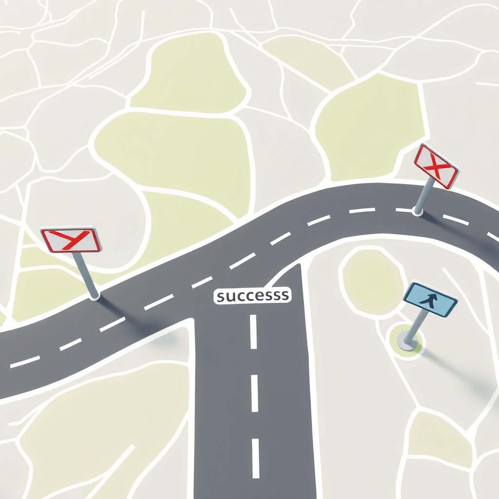 A photorealistic image of a road map representing website navigation. The map is clean and easy to follow, with clear signage. The road leads to a destination labeled 'Success'. Camera angle: Overhead view. Style: Map illustration. Resolution: 4K.